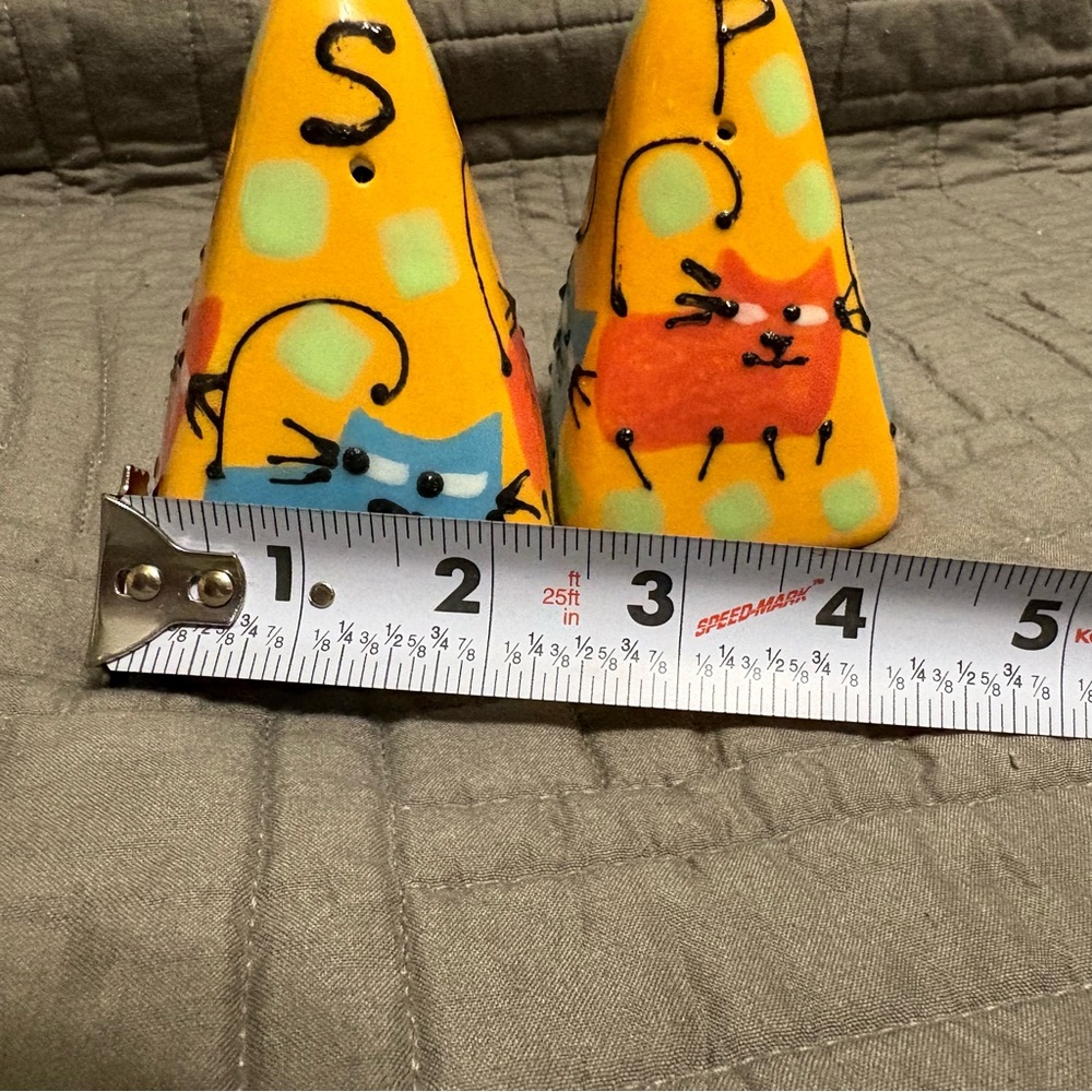 Vintage RARE Cats Salt & Pepper Shakers Hand Painted Triangle Polka Dots Orange - Picture 13 of 14